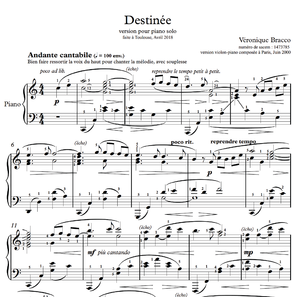 Destinée (version piano, avec doigtés) - Véronique Bracco